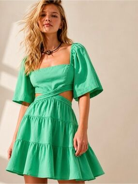 Free People Green Cutout Puff Sleeve Mini Dress Linen Blend M